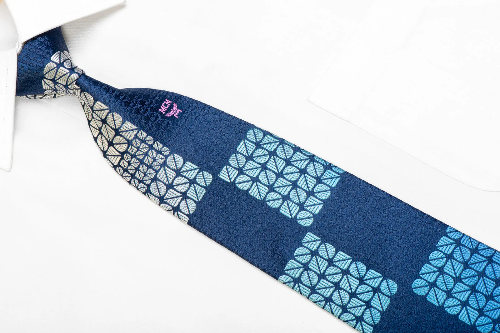 MCM Men's Silk Necktie Blue Geometric On Navy - Image 2