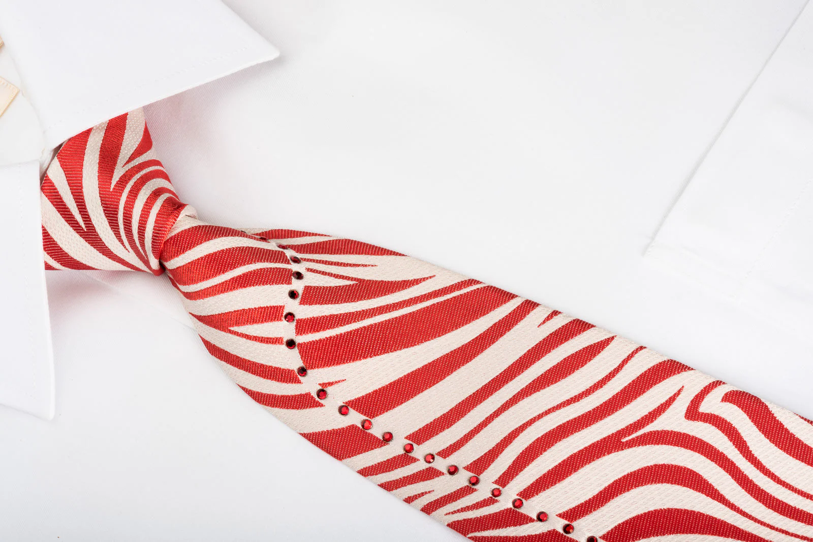 MCM Mens Silk Necktie Red Zebra Striped On White With Red Rhinstones - Image 4