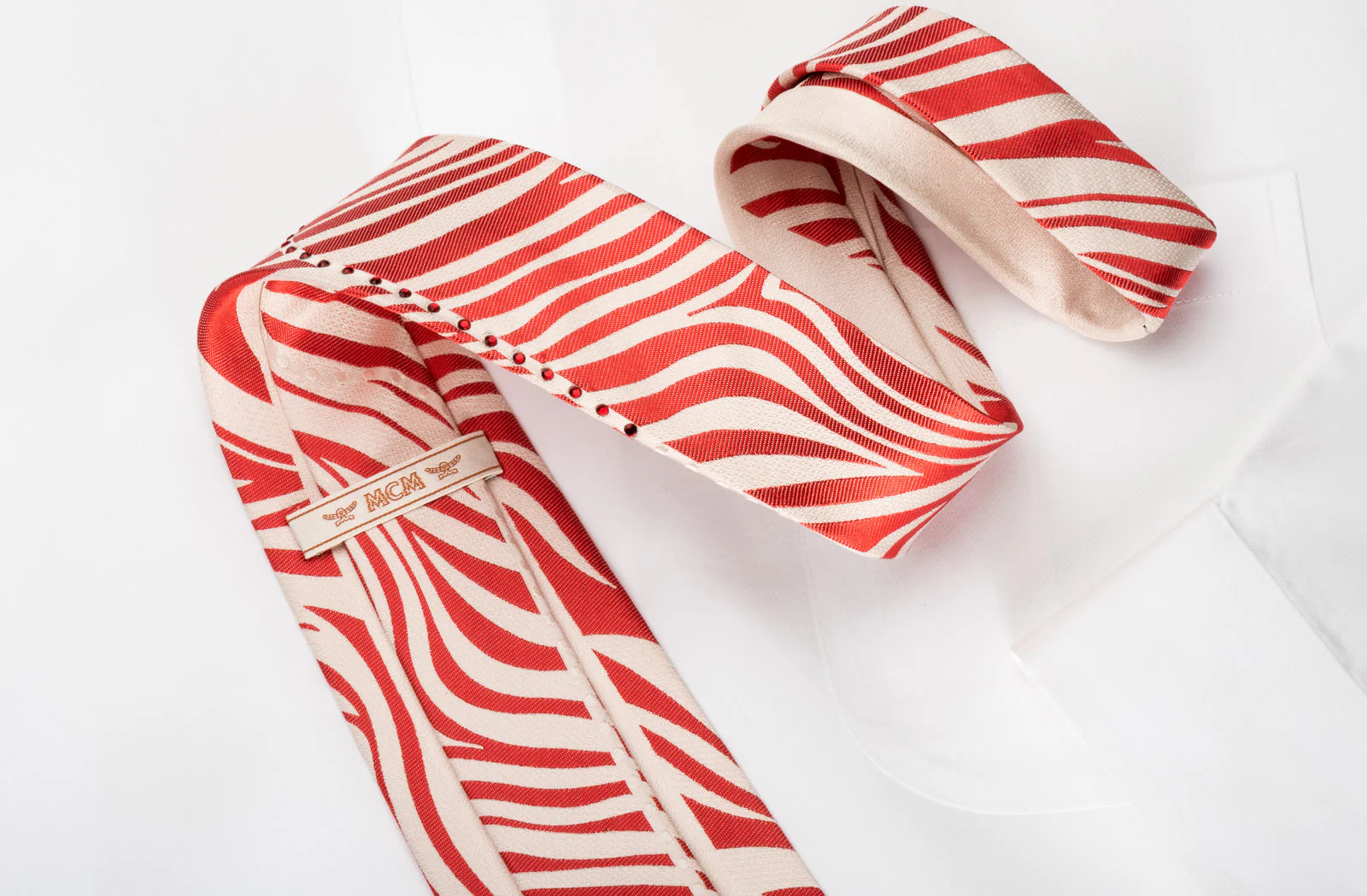 MCM Mens Silk Necktie Red Zebra Striped On White With Red Rhinstones - Image 5