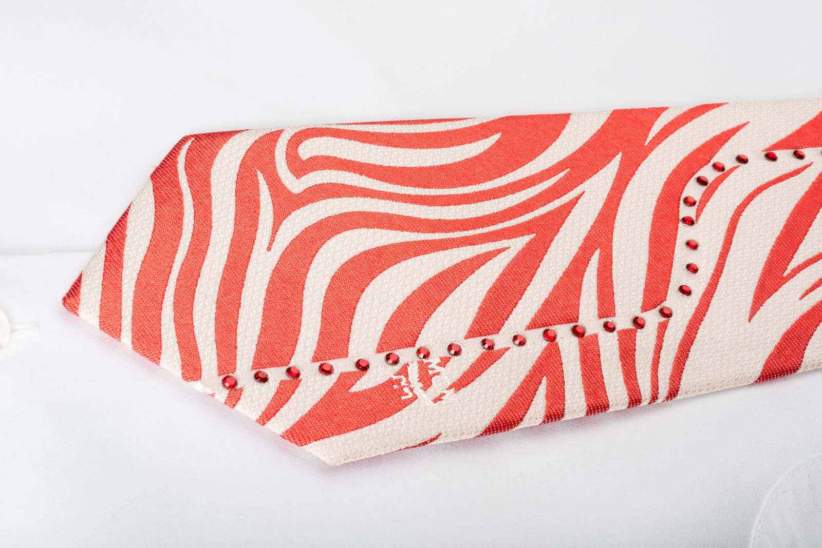 MCM Mens Silk Necktie Red Zebra Striped On White With Red Rhinstones - Image 6