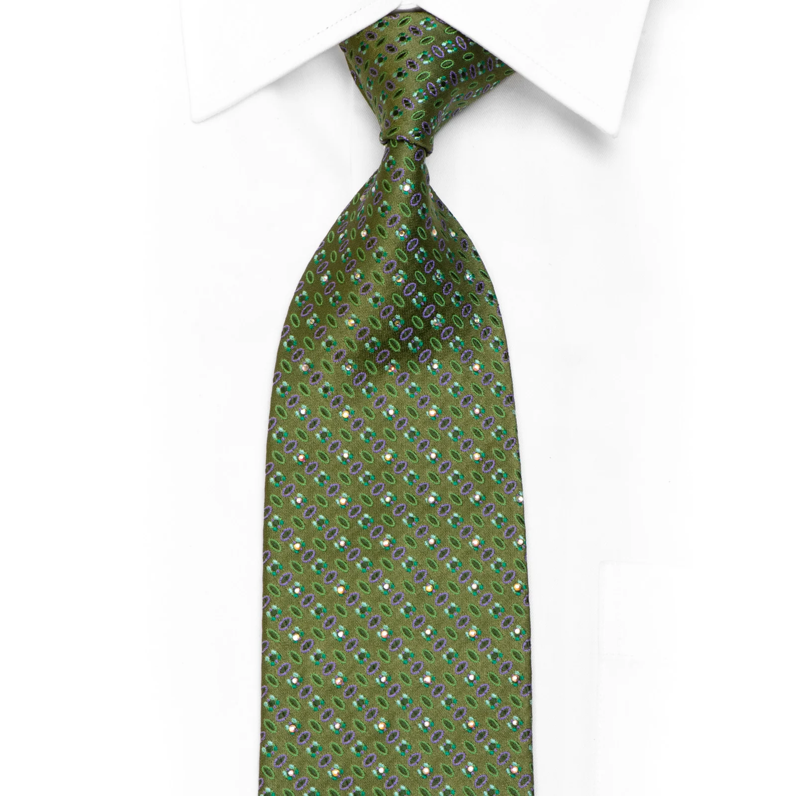 MCM Rhinestone Silk Necktie Geometric On Green