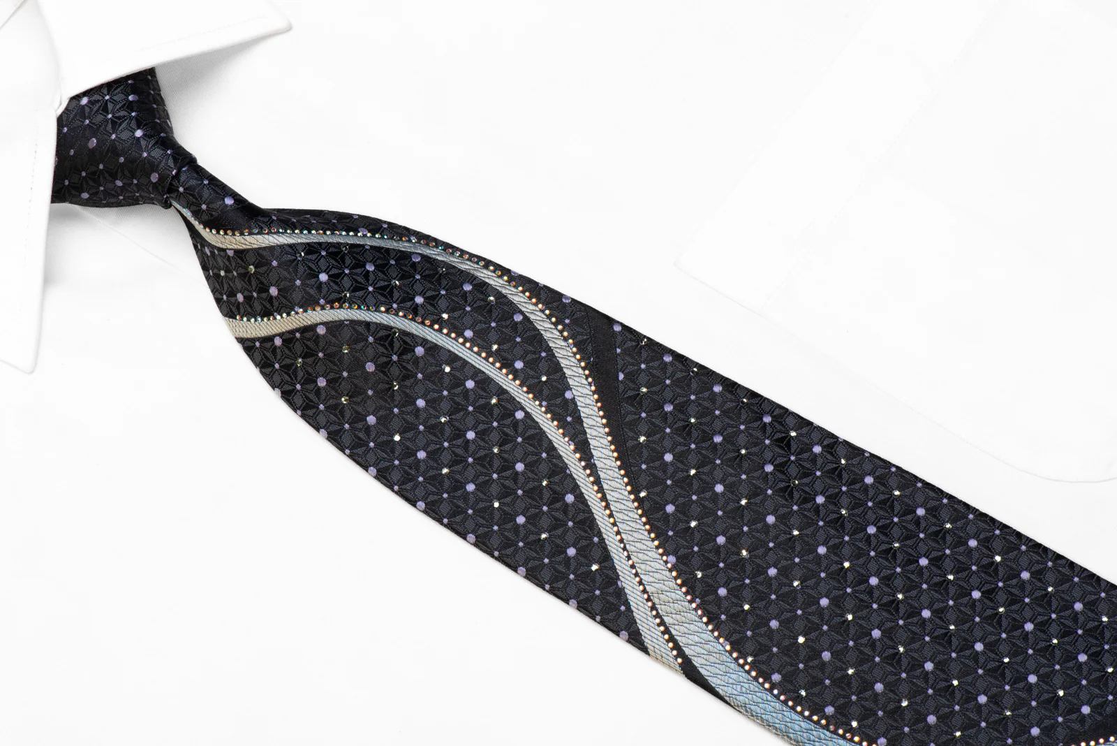 MCM Rhinestone Silk Necktie Silver Wave Geometric On Black - Image 2