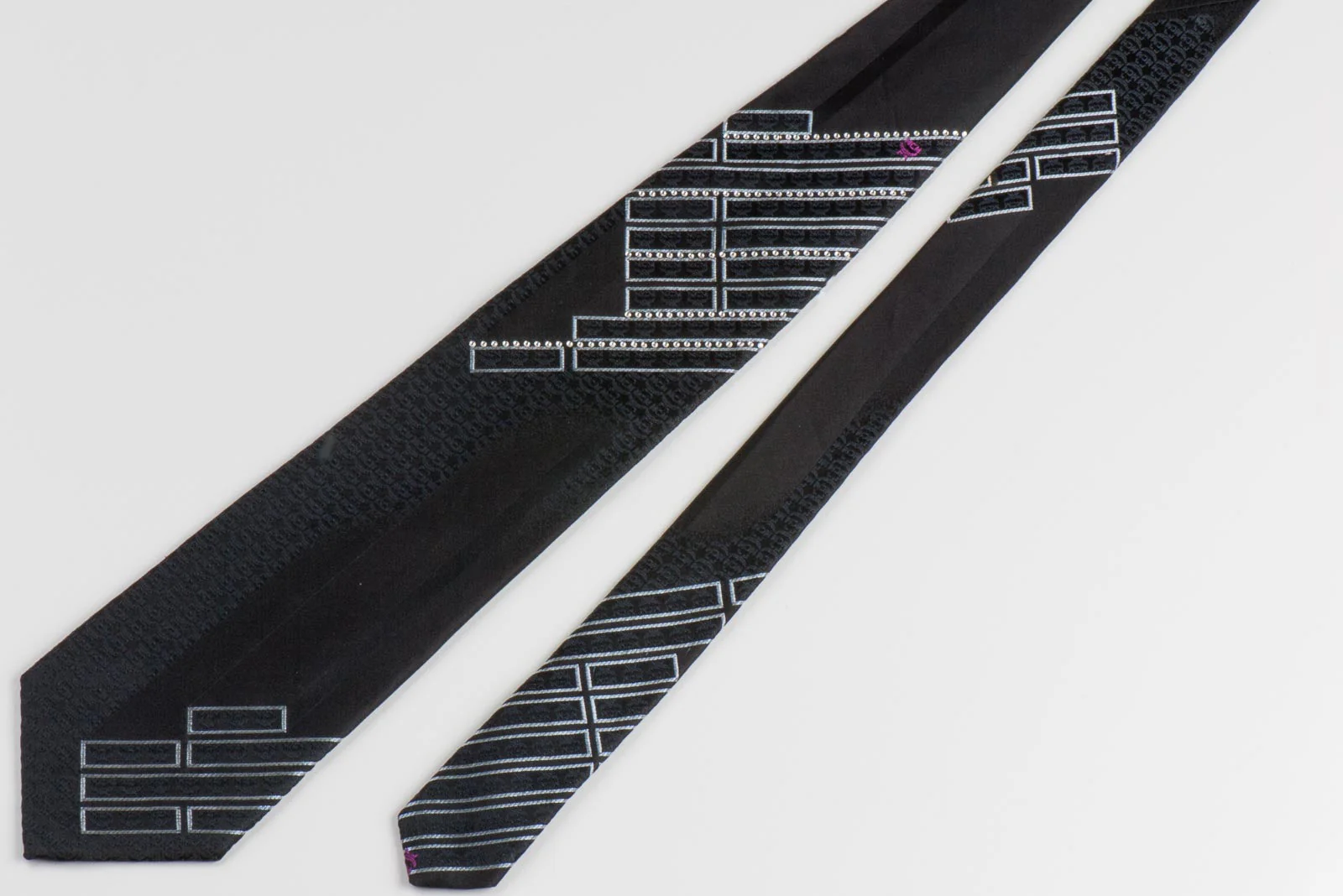 MCM Silk Black Rhienstone Tie Silver Geometric Design On Black With Crystal Rhinestones - Image 5