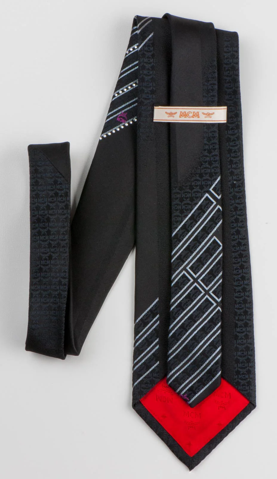MCM Silk Black Rhienstone Tie Silver Geometric Design On Black With Crystal Rhinestones - Image 6