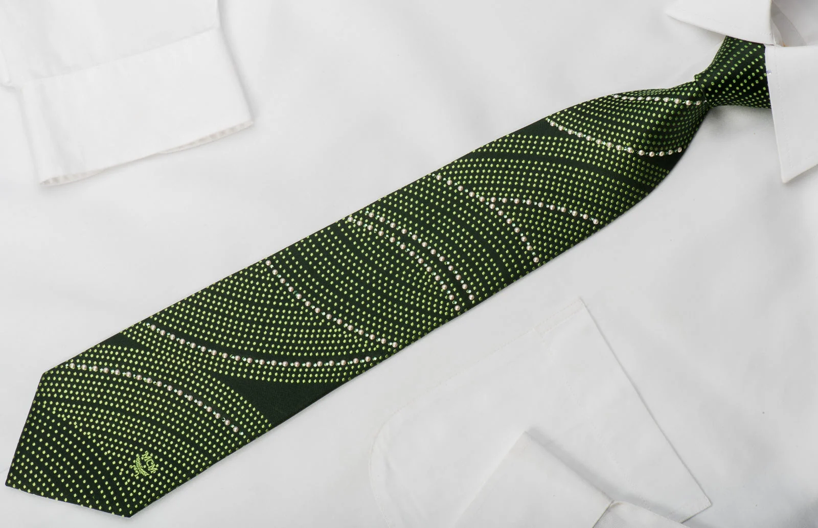 MCM Silk Tie Pearls & Dots On Green Sparkling With Green Rhinestones - Image 4