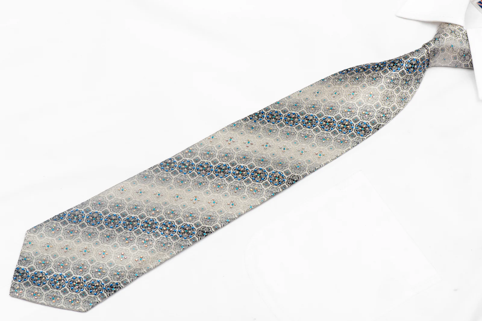 Medallion Patterns On Silver Rhinestone Silk Necktie With Blue Sparkles - Image 2