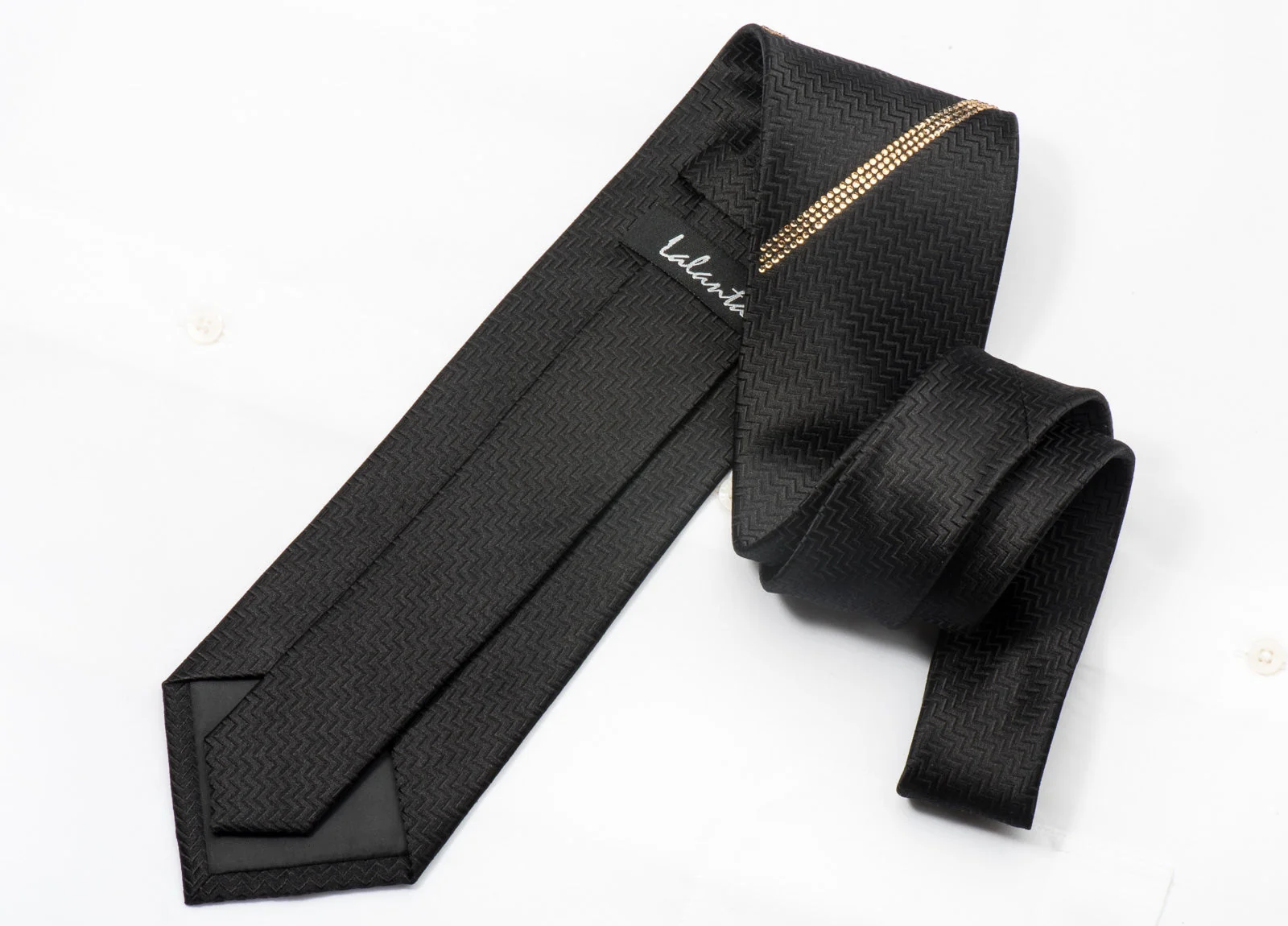 Men's Black Rhinestone Silk Necktie Sparkling With Striped Clear Gold Rhinestones - Image 5