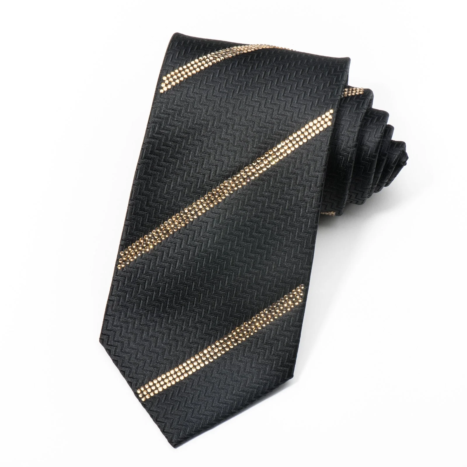 Men's Black Rhinestone Silk Necktie Sparkling With Striped Clear Gold Rhinestones - Image 8
