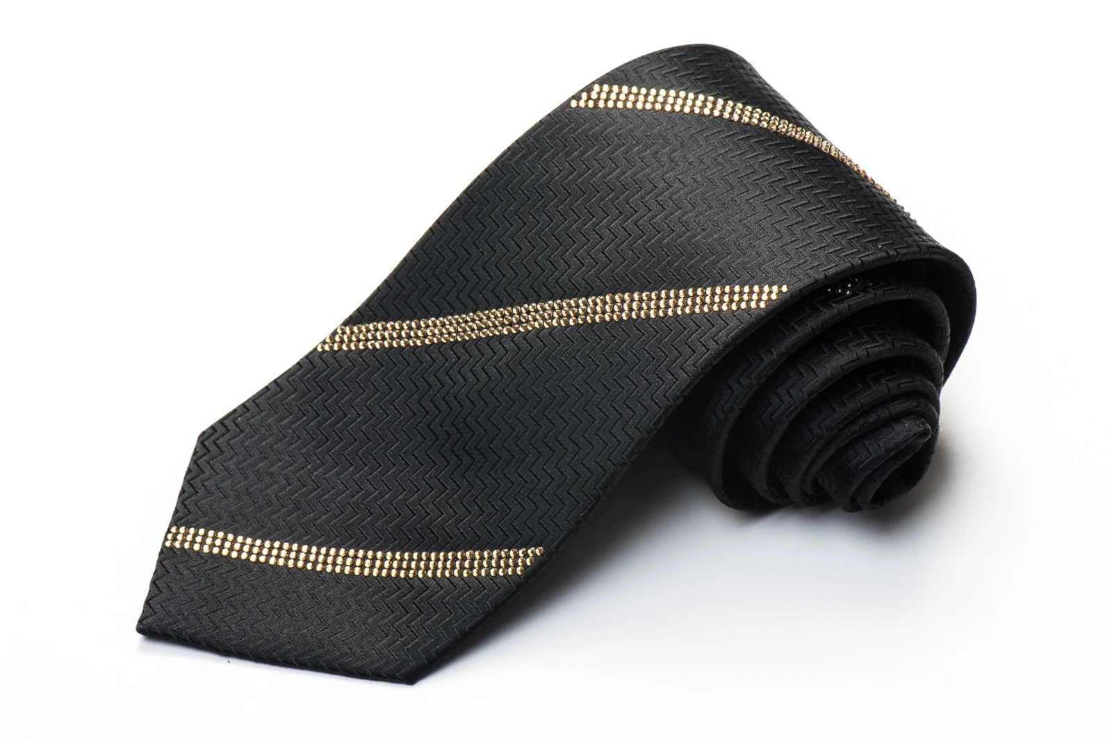 Men's Black Rhinestone Silk Necktie Sparkling With Striped Clear Gold Rhinestones - Image 9