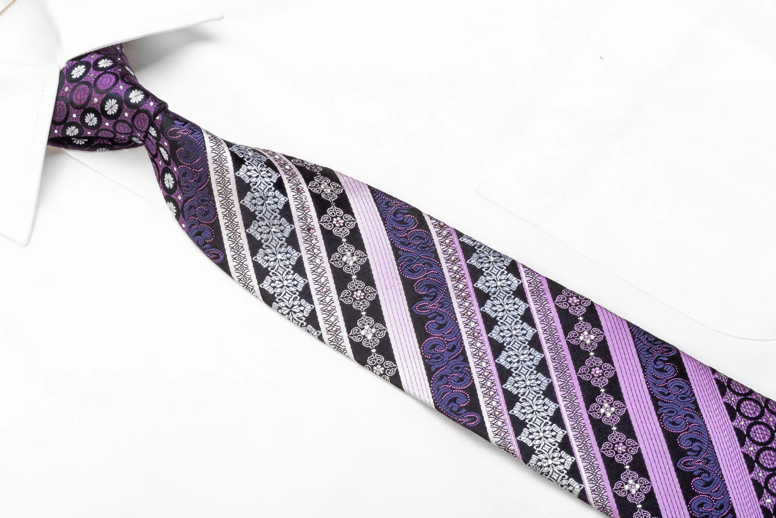 Men's Crystal Rhinestone Necktie Purple Stripes On Navy With Sparkles - Image 2