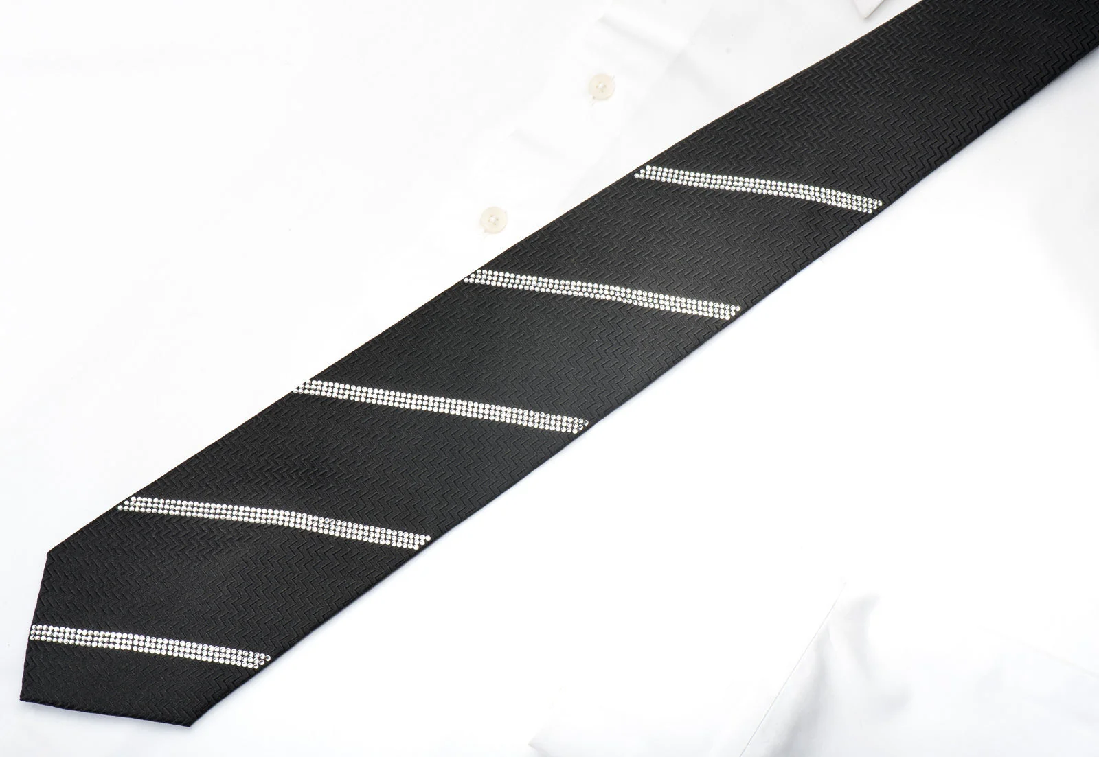 Men's Elegant Black Silk Tie Striped Sparkling Crystal Rhinestones On Black - Image 5