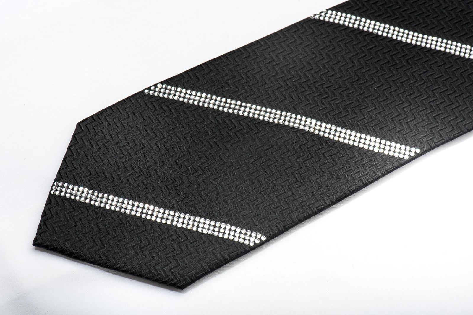 Men's Elegant Black Silk Tie Striped Sparkling Crystal Rhinestones On Black - Image 6