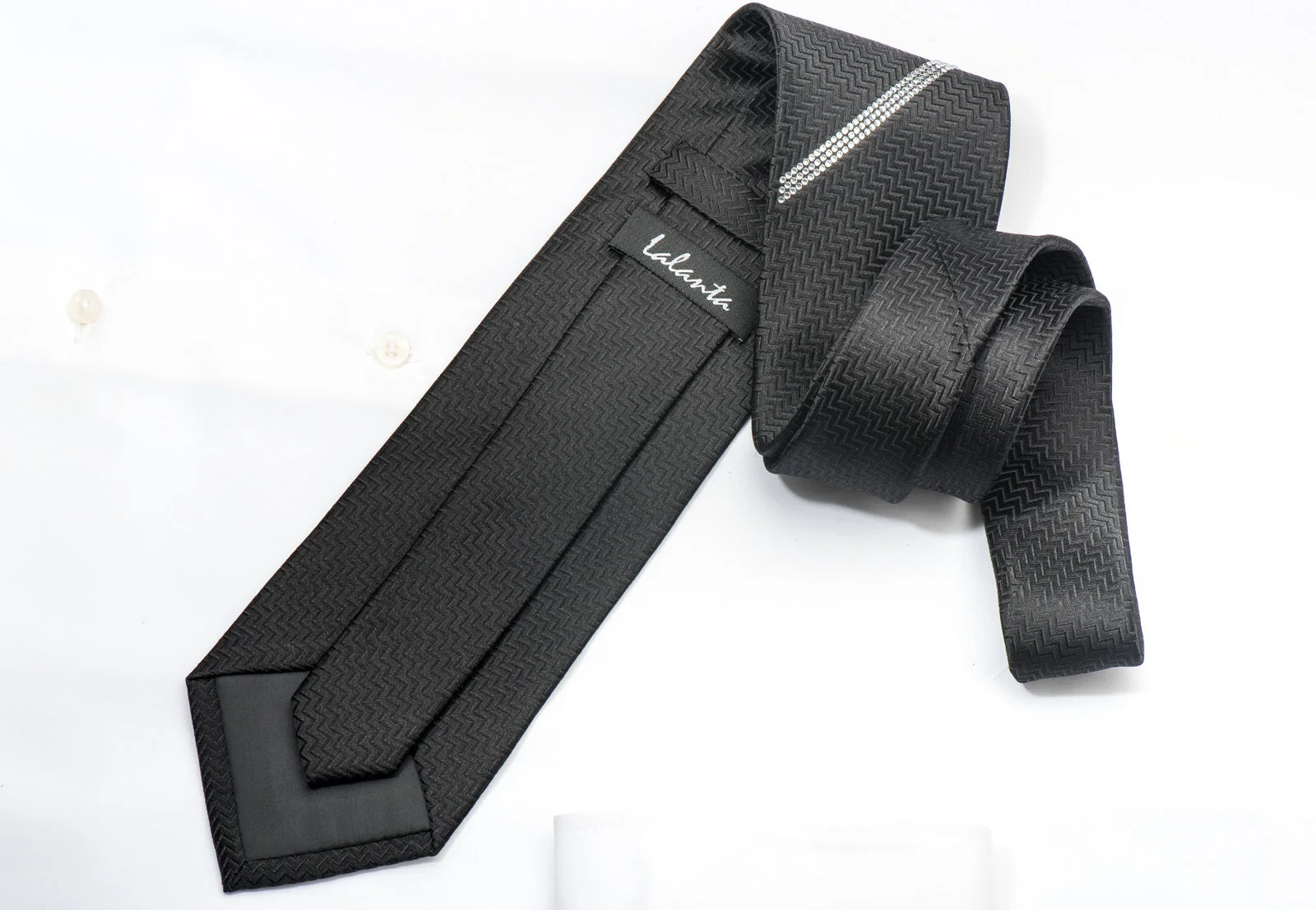 Men's Elegant Black Silk Tie Striped Sparkling Crystal Rhinestones On Black - Image 7