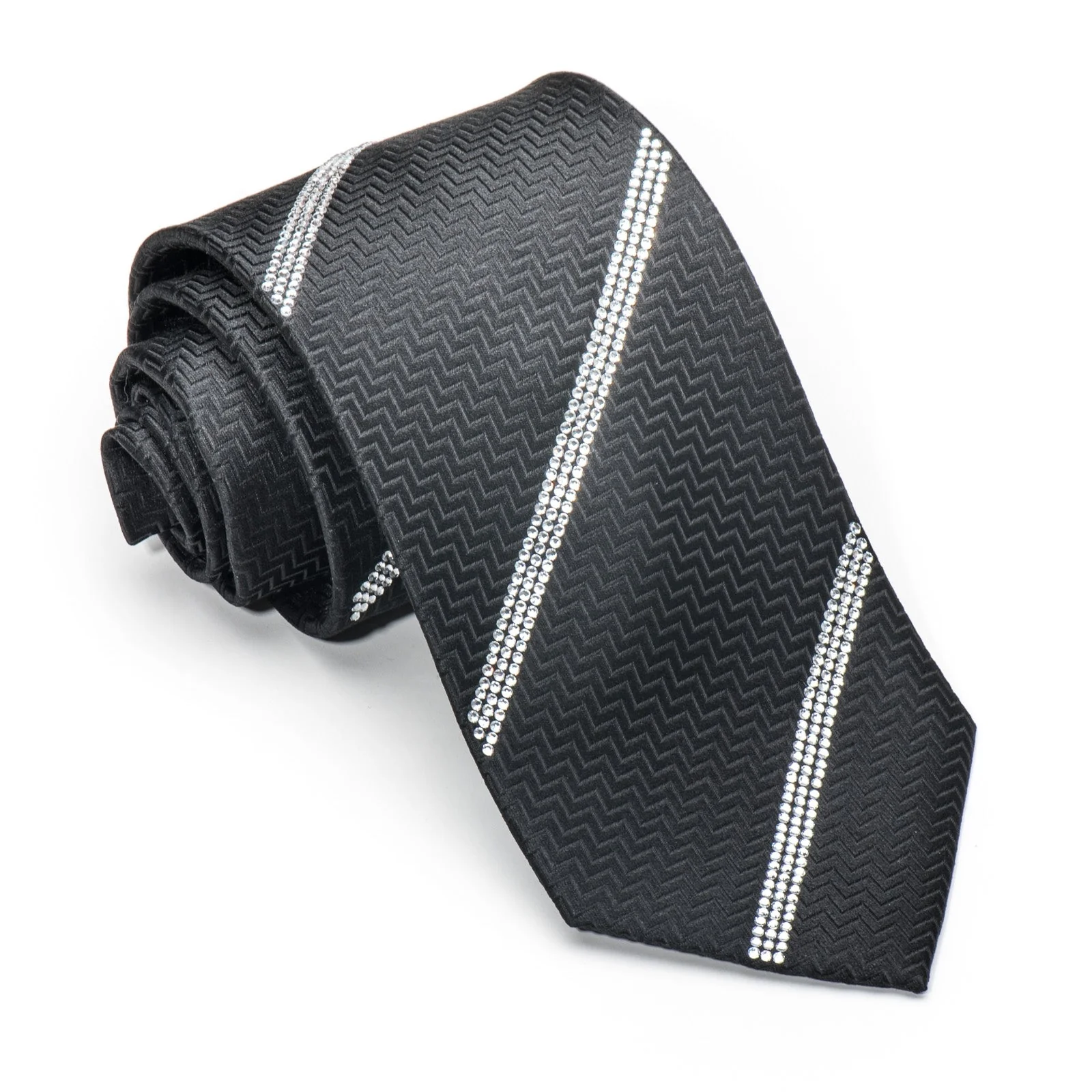 Men's Elegant Black Silk Tie Striped Sparkling Crystal Rhinestones On Black - Image 8