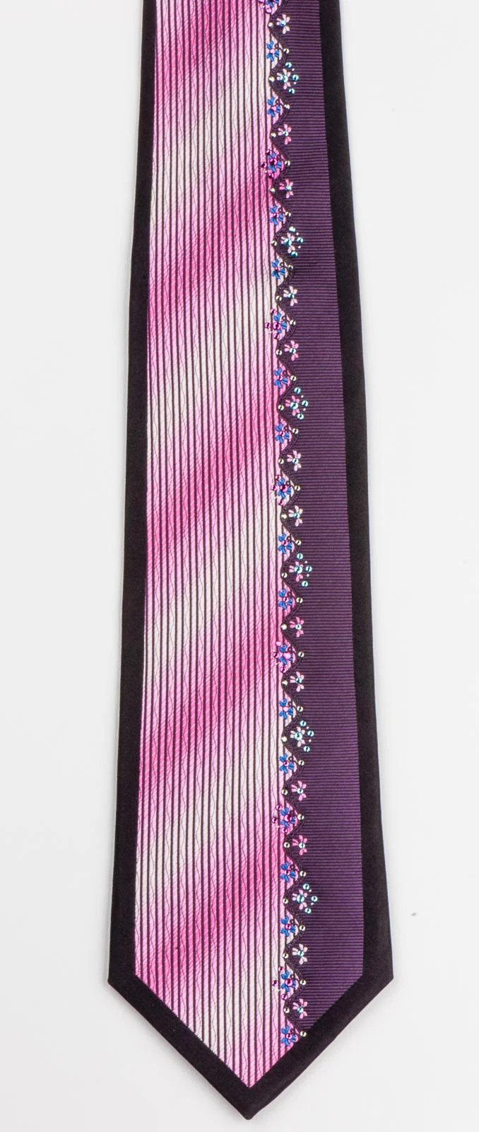 Men's Rhinestone Silk Necktie By Elegance Pink White Vertical Stripes & Floral - Image 2