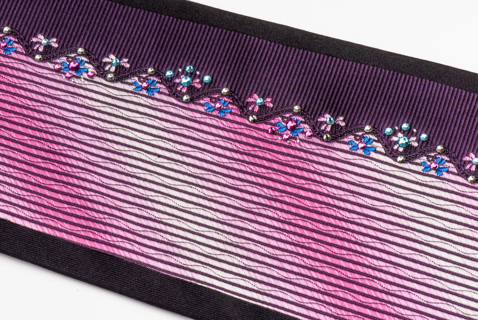 Men's Rhinestone Silk Necktie By Elegance Pink White Vertical Stripes & Floral - Image 5