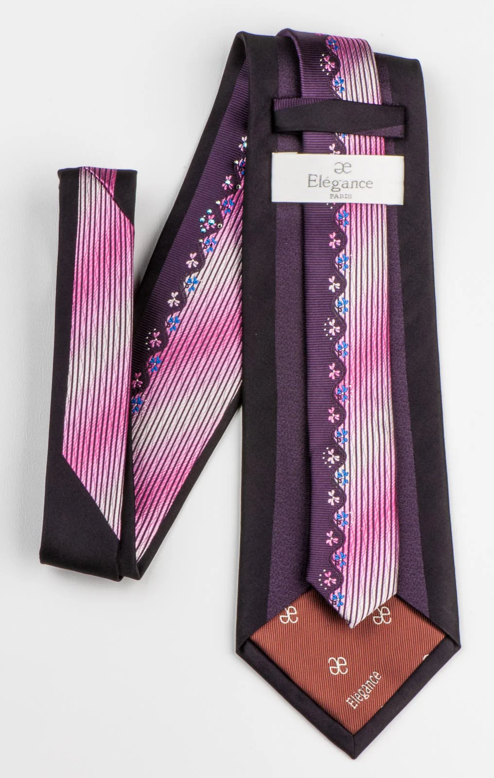 Men's Rhinestone Silk Necktie By Elegance Pink White Vertical Stripes & Floral - Image 6
