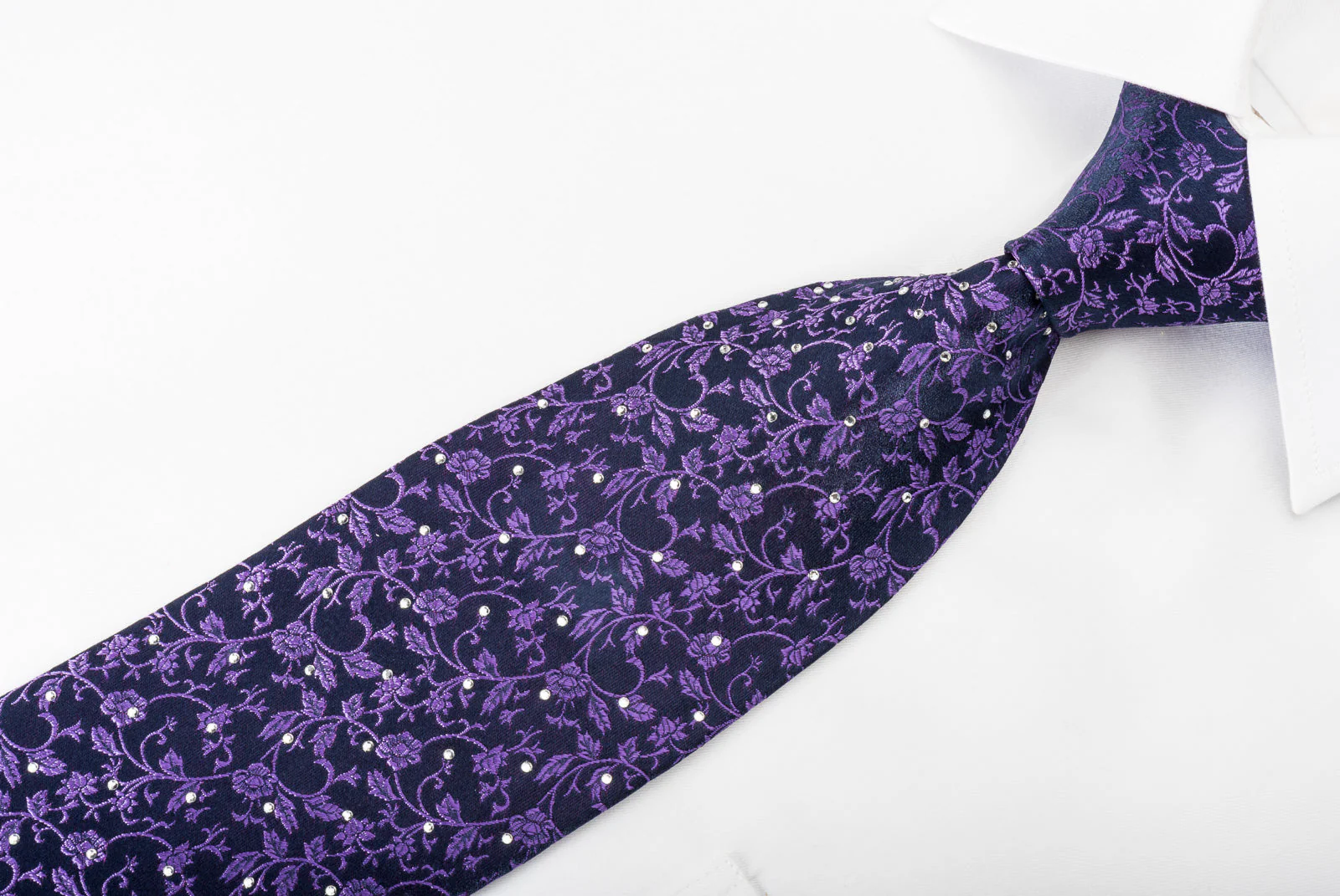 Men's Rhinestone Silk Necktie Floral On Purple With Silver Sparkles - Image 2