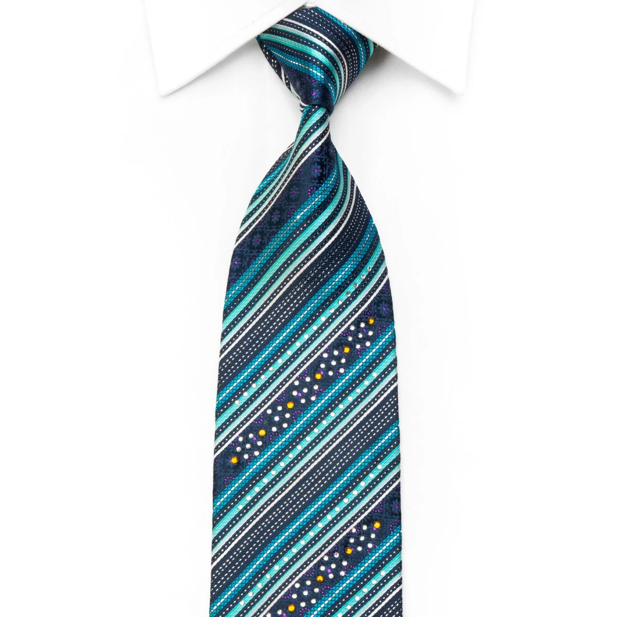 Men's Rhinestone Silk Necktie Striped On Blue With Silver Sparkles