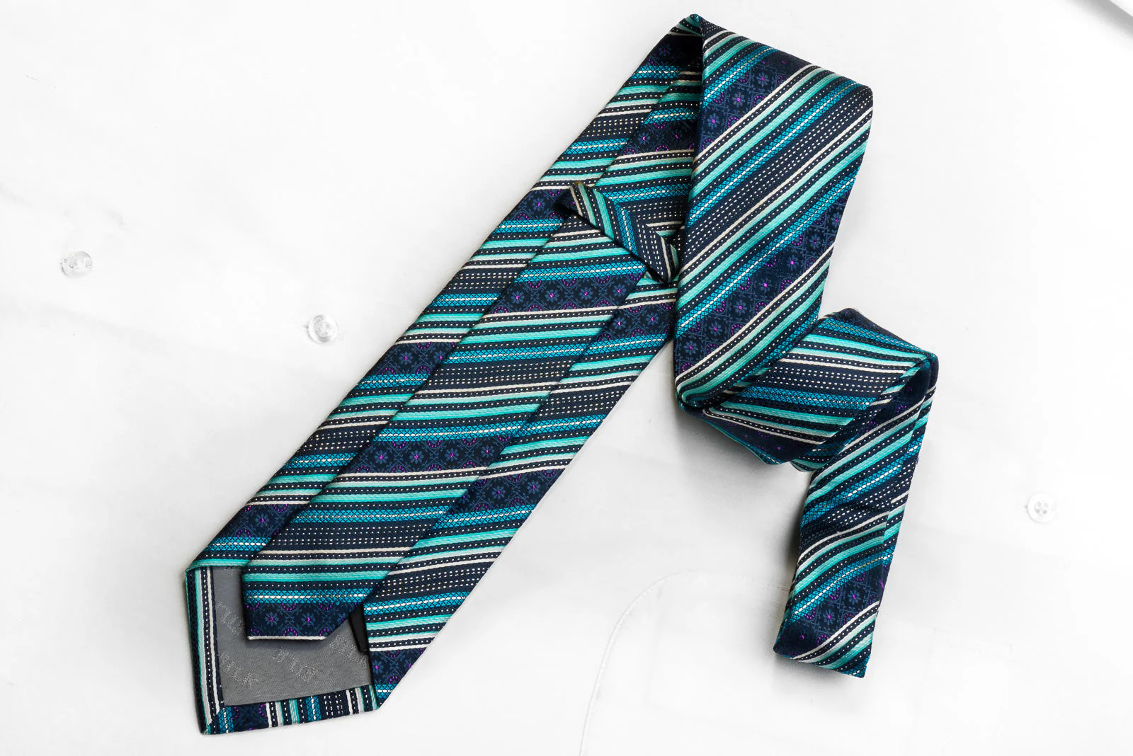 Men's Rhinestone Silk Necktie Striped On Blue With Silver Sparkles - Image 4