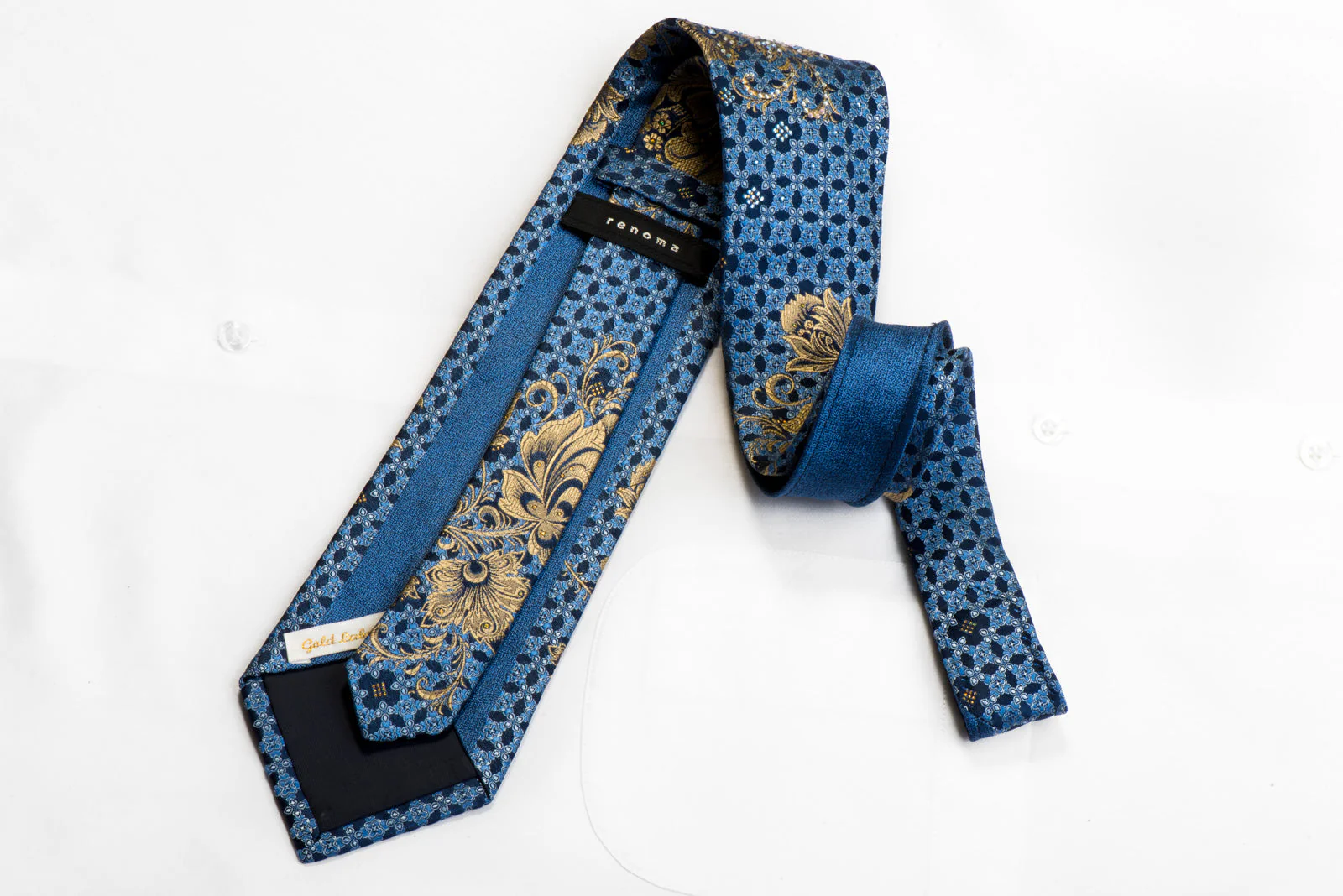Men's Rhinestone Silk Tie Gold Floral On Blue With Gold Sparkles Too - Image 10