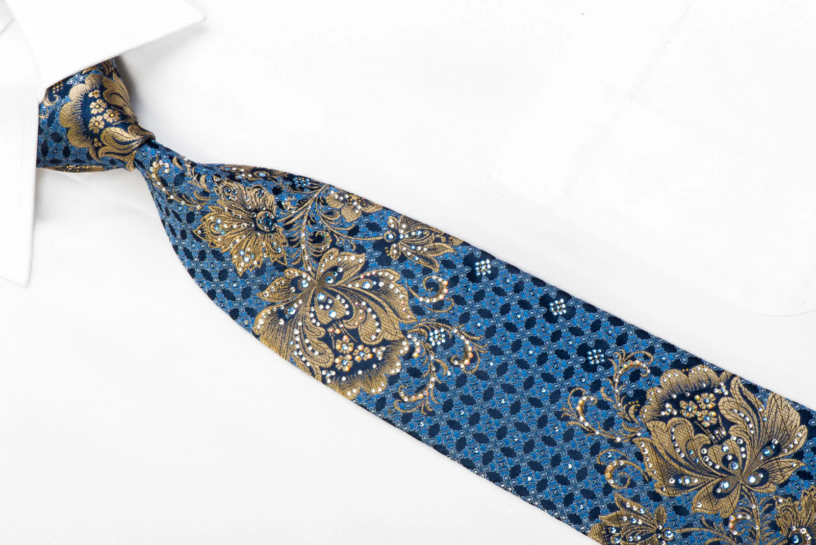 Men's Rhinestone Silk Tie Gold Floral On Blue With Gold Sparkles Too - Image 2