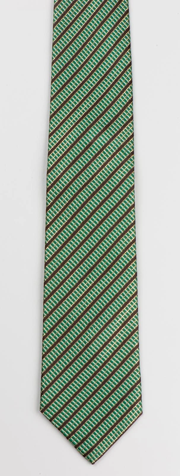Men's Silk Neck Tie By Michel Angelo Brown Stripes On Green With Gold Sparkles - Image 3
