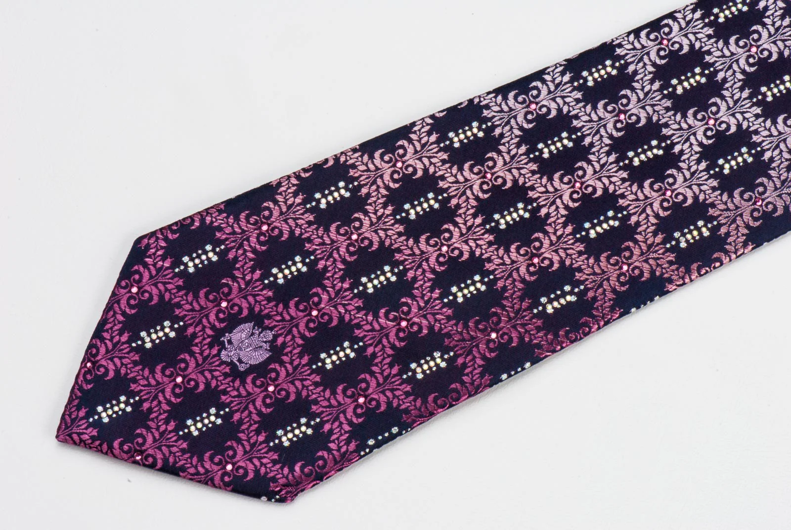 Men's Silk neck Tie By Renoma Purple Silver Cartouche On Black With Rhinestones - Image 5