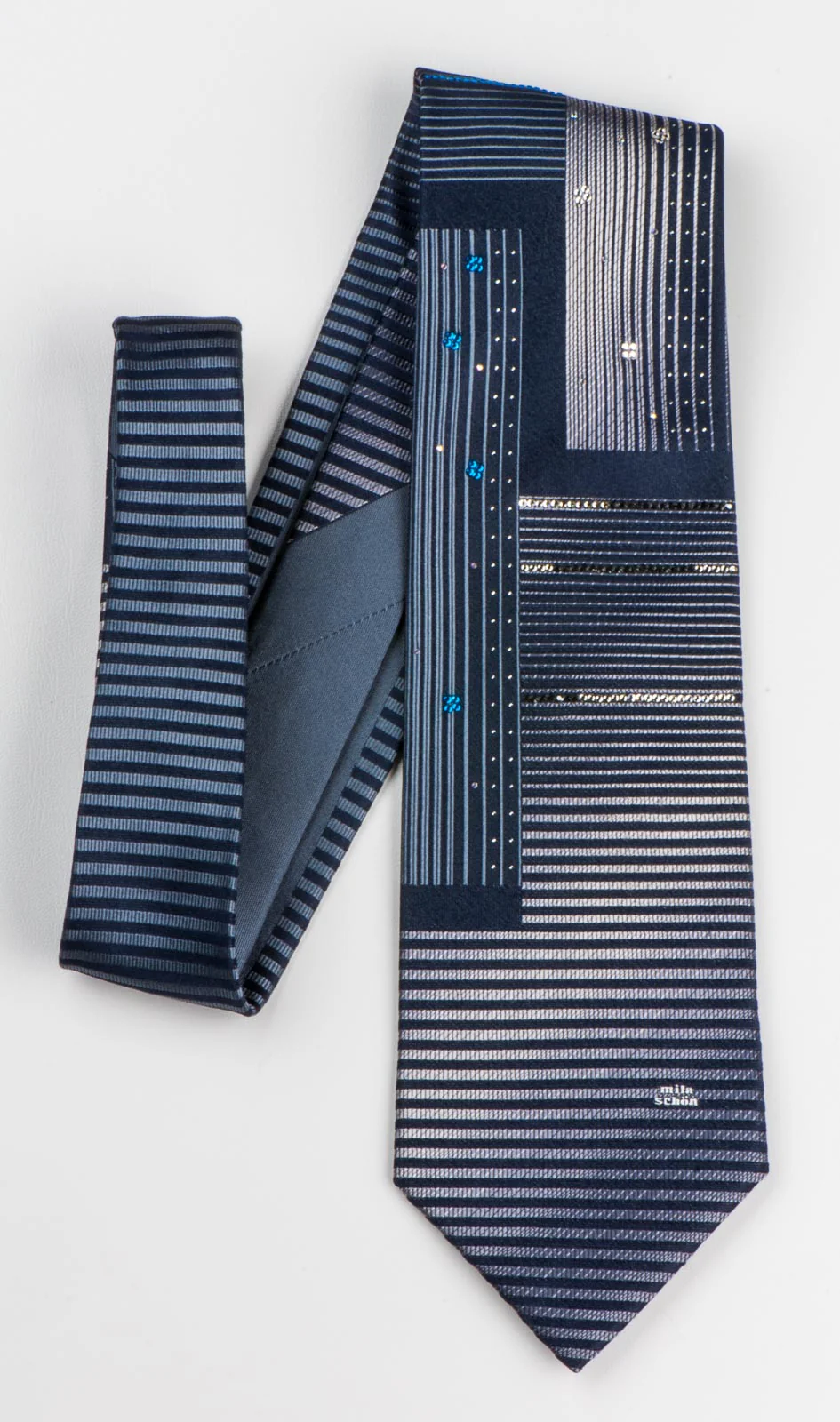 Men's Silk NeckTie By Mila Schon Modern Silver Stripes On Black With Rhinestones - Image 5