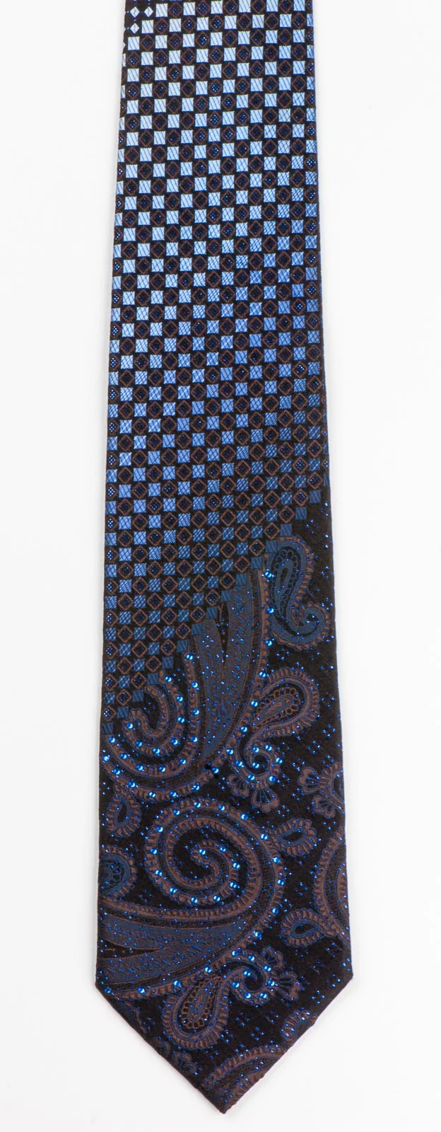 Men's Silk NeckTie By Yezak Paisley & Checks On Black With Sparkles & Rhinestones - Image 5