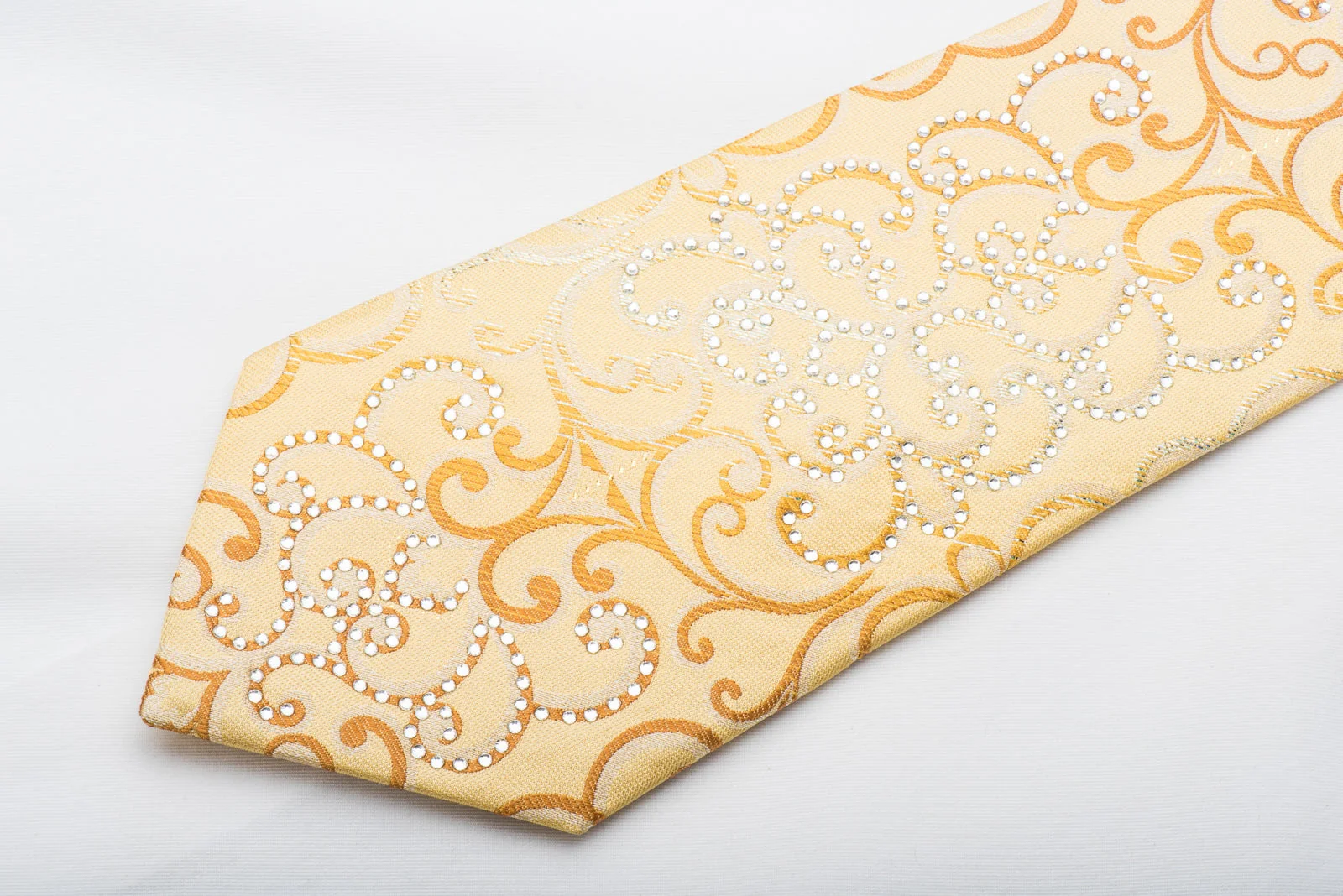 Men's Silk Necktie Damask Scrolls On Yellow Silk Sparkling With Crystal Rhinestones - Image 2