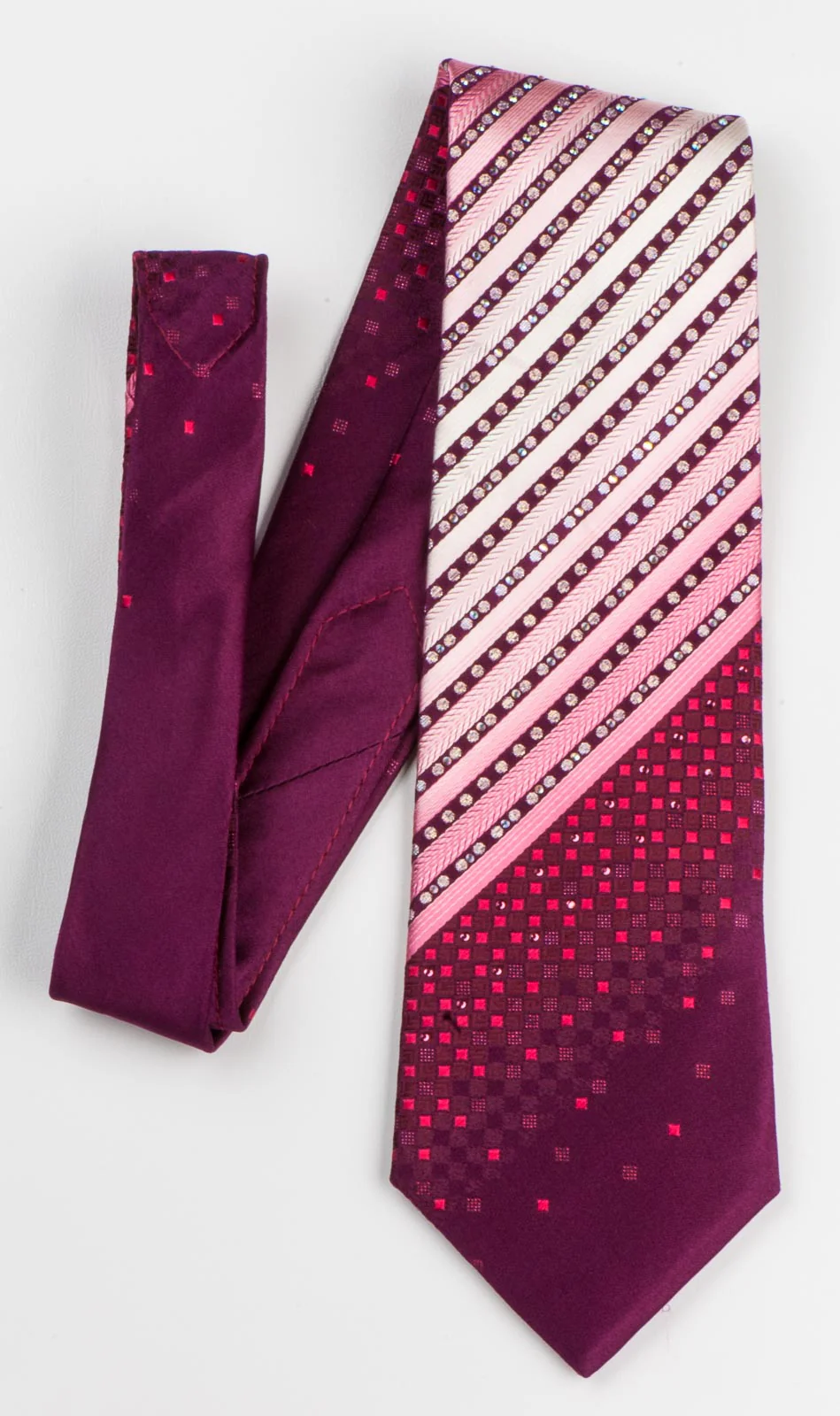 Men's Silk Tie By Renoma Stripes On Burgundy With Silver Sparkles & Rhinestones - Image 4