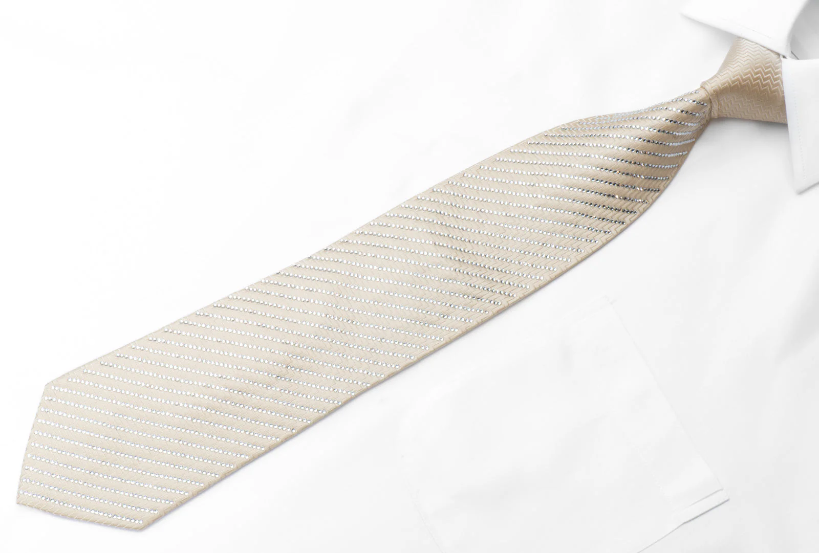 Men's Straas Diamante Silk Necktie Striped Sparkling Crystal Rhinestone On Ivory Cream - Image 3
