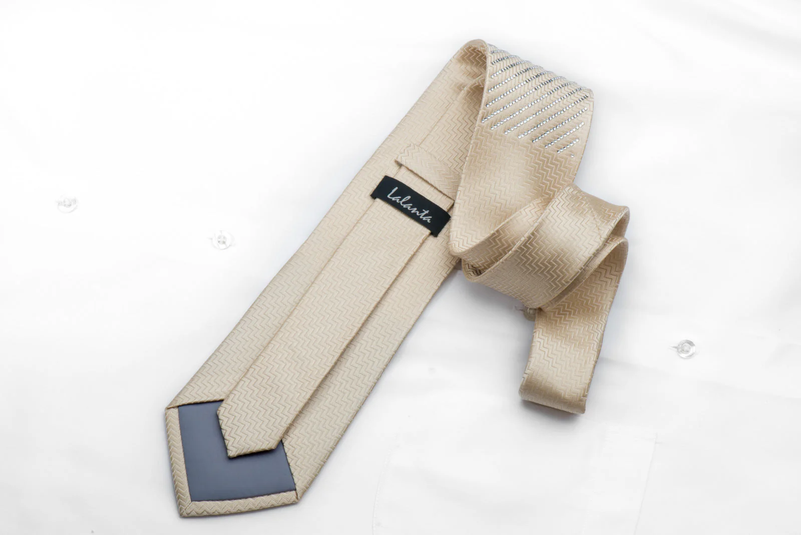 Men's Straas Diamante Silk Necktie Striped Sparkling Crystal Rhinestone On Ivory Cream - Image 4