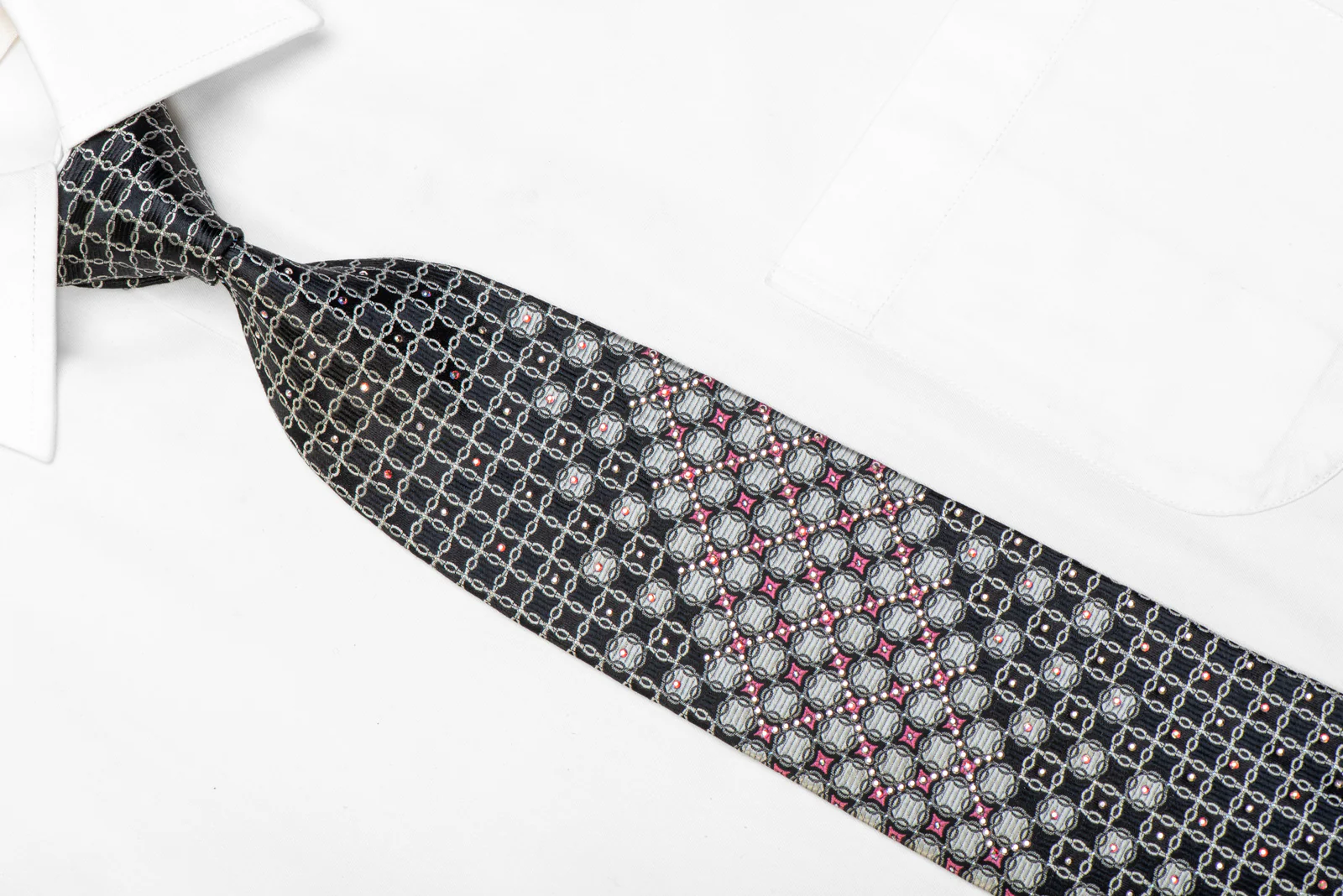 Men's Black Silk Necktie Silver Interlocking Chains On Black Silk With Rhinestones - Image 2