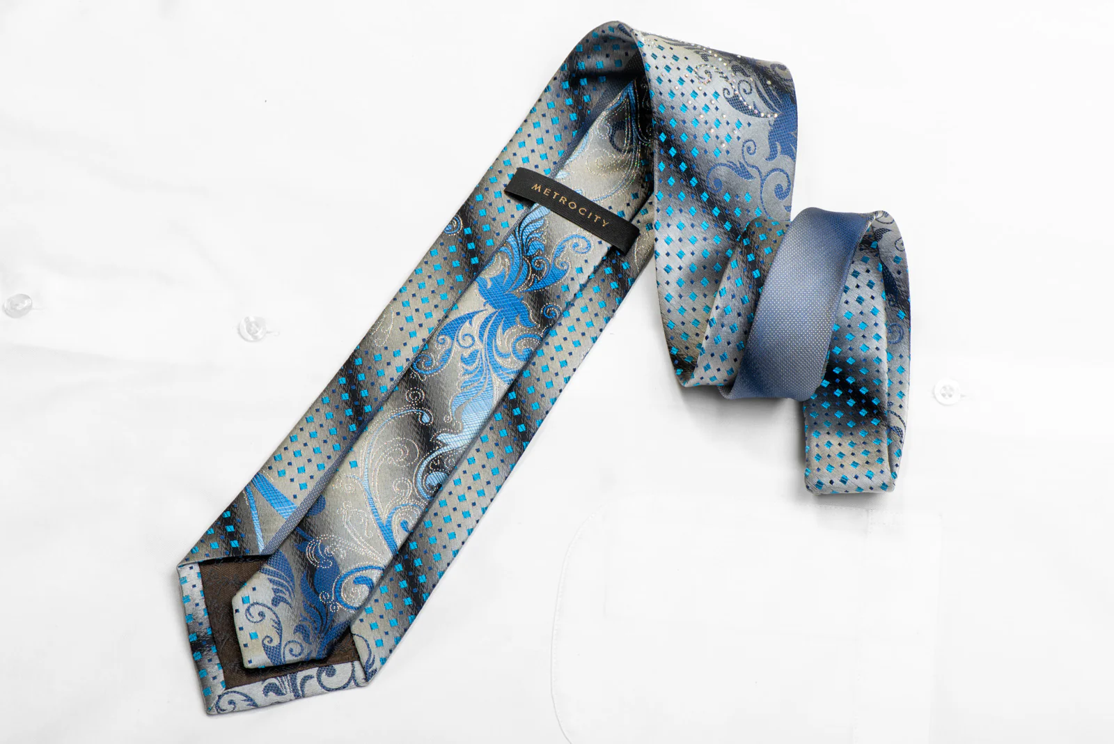 Men's Rhinestone Silk Necktie Blue Acanthus Scrolls On Silver With Sparkles - Image 4