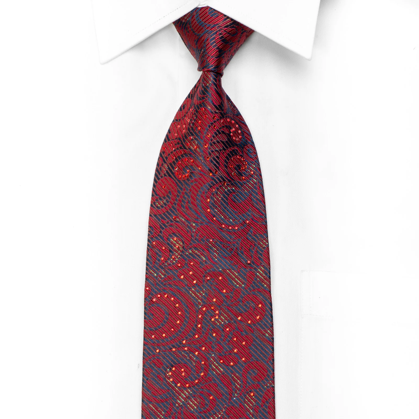 Men's Rhinestone Silk Necktie Burgundy Acanthus On Navy With Green Sparkles