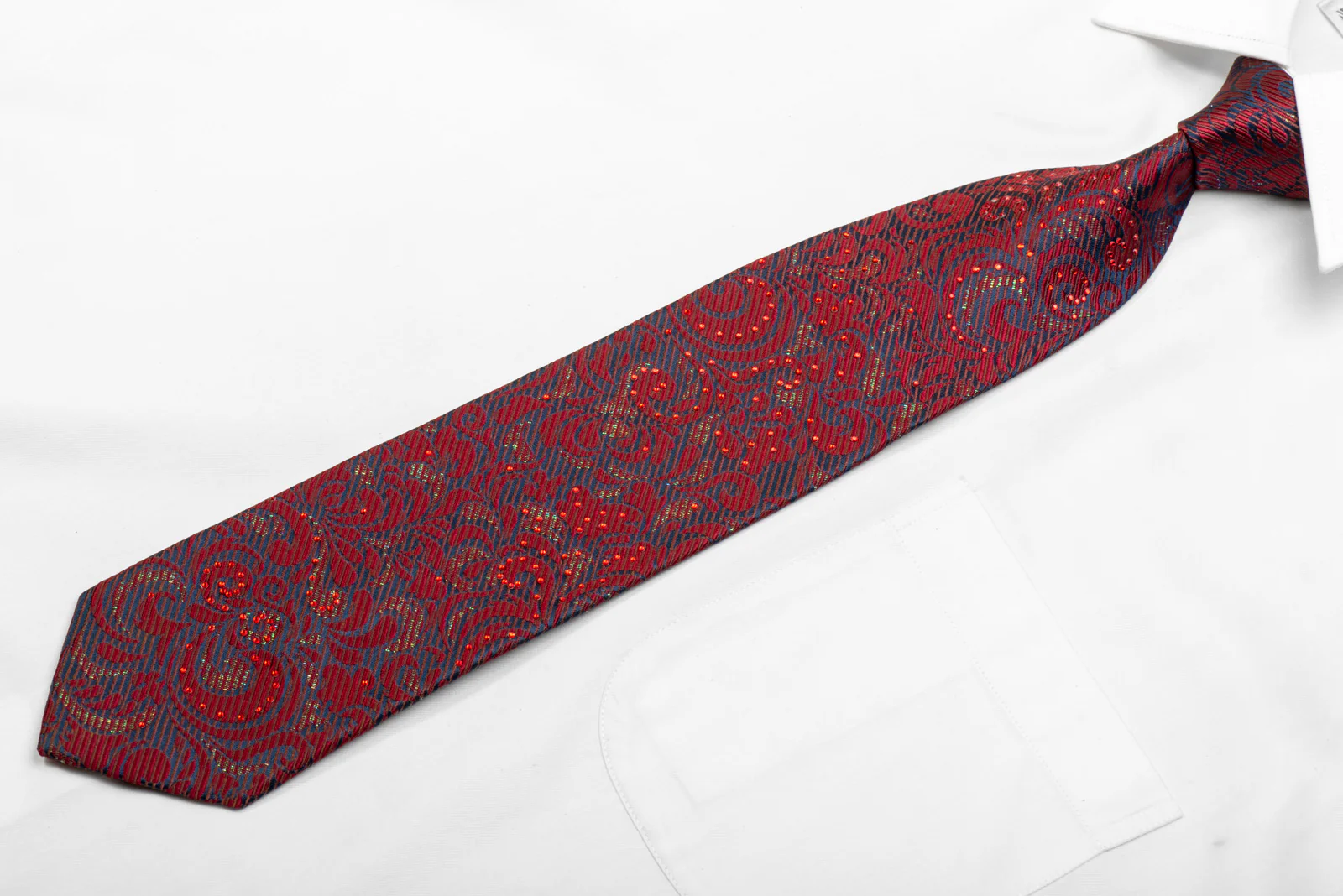 Men's Rhinestone Silk Necktie Burgundy Acanthus On Navy With Green Sparkles - Image 3