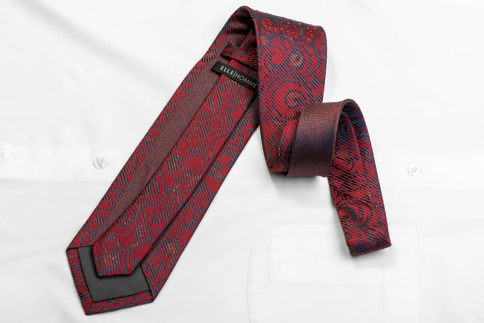 Men's Rhinestone Silk Necktie Burgundy Acanthus On Navy With Green Sparkles - Image 4