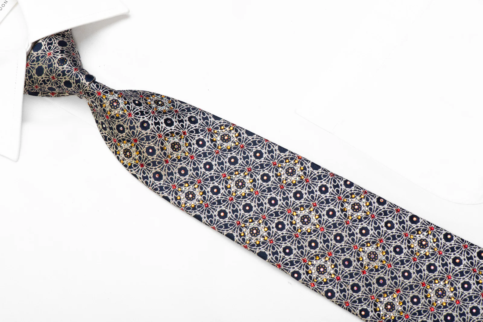 Men's Rhinestone Silk Necktie Gold Arabesque Design On Navy With Sparkles - Image 2