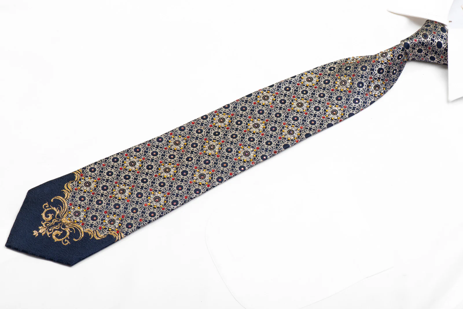 Men's Rhinestone Silk Necktie Gold Arabesque Design On Navy With Sparkles - Image 3