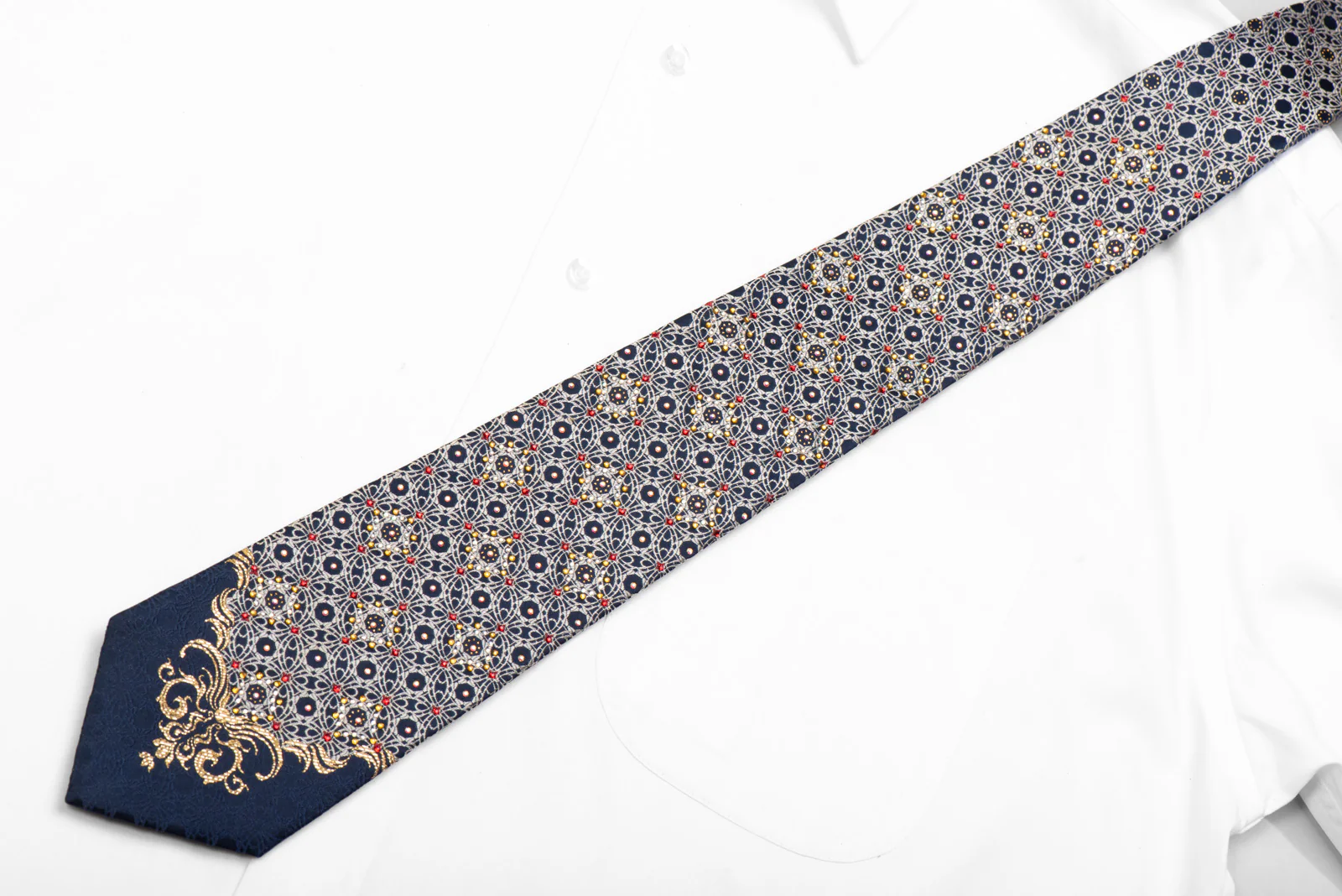 Men's Rhinestone Silk Necktie Gold Arabesque Design On Navy With Sparkles - Image 4