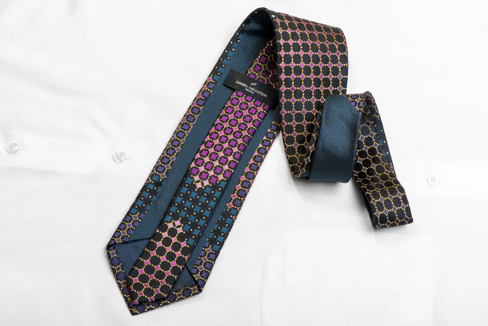 Men's Rhinestone Silk Necktie Gold Purple Geometric On Black With Sparkles - Image 4