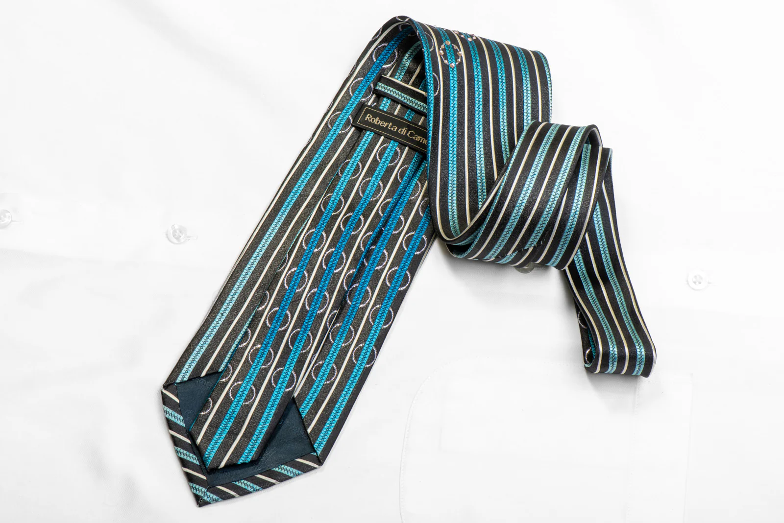 Men's Rhinestone Silk Necktie Silver Blue Vertical Striped On Black - Image 4