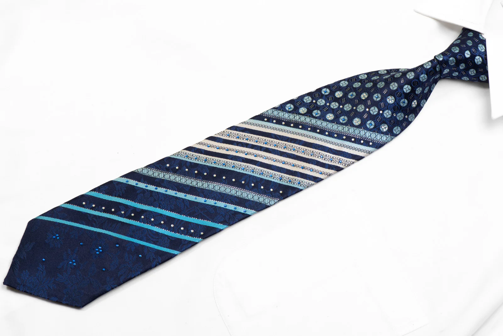 Men's Rhinestone Silk Necktie Striped Geometric Floral On Navy With Sparkles - Image 3