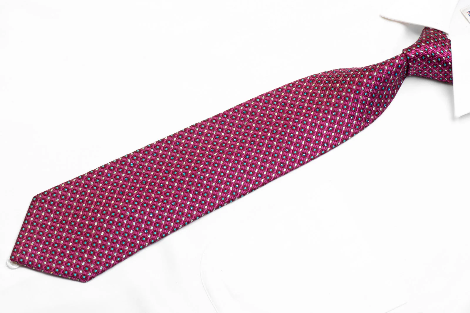 Men's Silk Necktie Blue Micro Squares On Purple Geometric With Rhinestones - Image 3