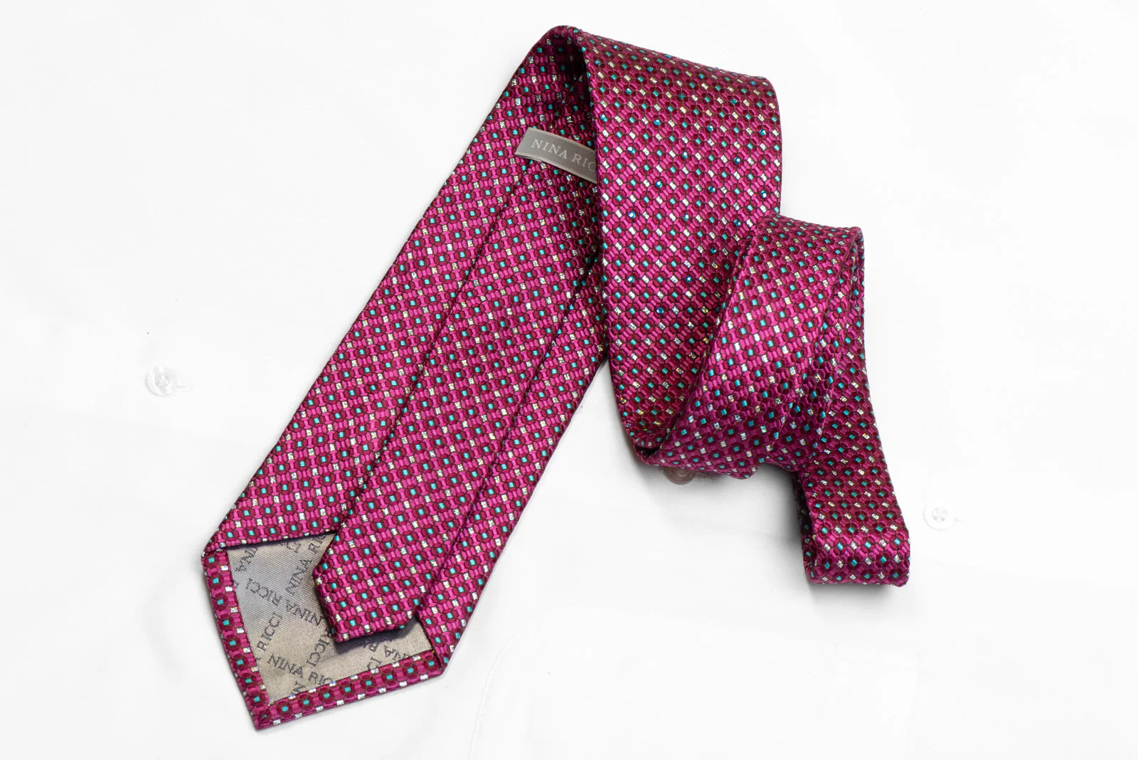 Men's Silk Necktie Blue Micro Squares On Purple Geometric With Rhinestones - Image 4