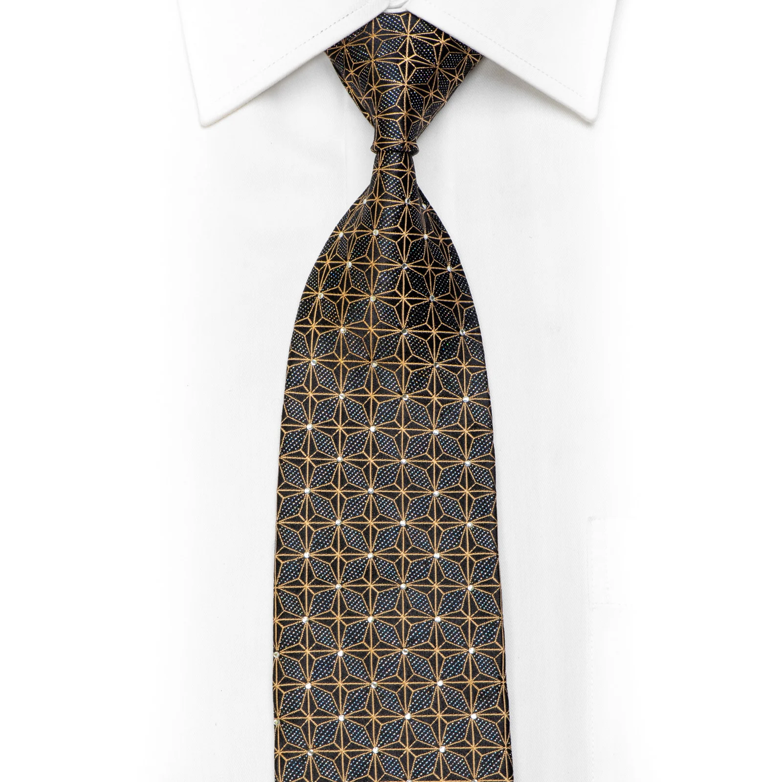 Men's Silk Necktie Gold Trellis On Black With Clear Crystals & Silver Sparkles