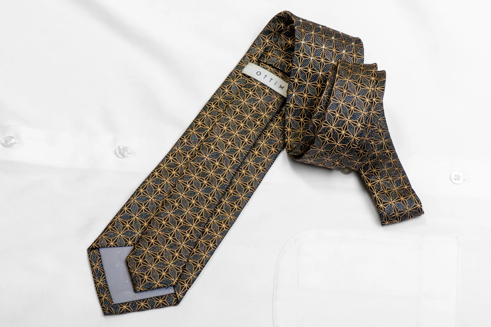Men's Silk Necktie Gold Trellis On Black With Clear Crystals & Silver Sparkles - Image 4