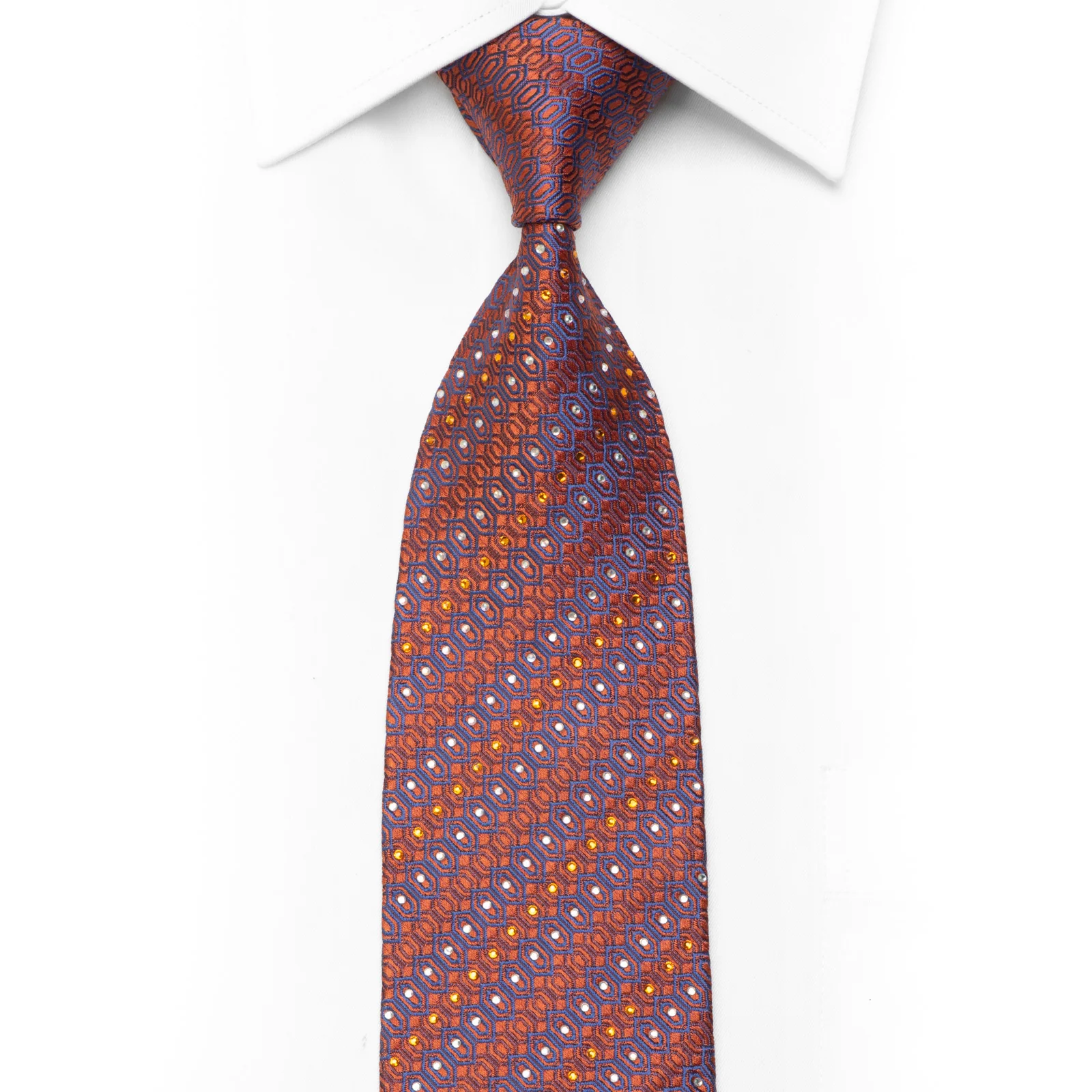 Men's Silk Necktie Mauve Geometric On Orange Sparkling With Rhinestones